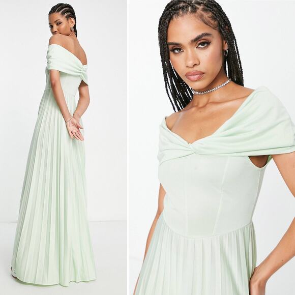 Whimsical Fairy Romantic Garden Twist Off Shoulder Pleated Maxi Dress Sage 8 NEW - Picture 12 of 12